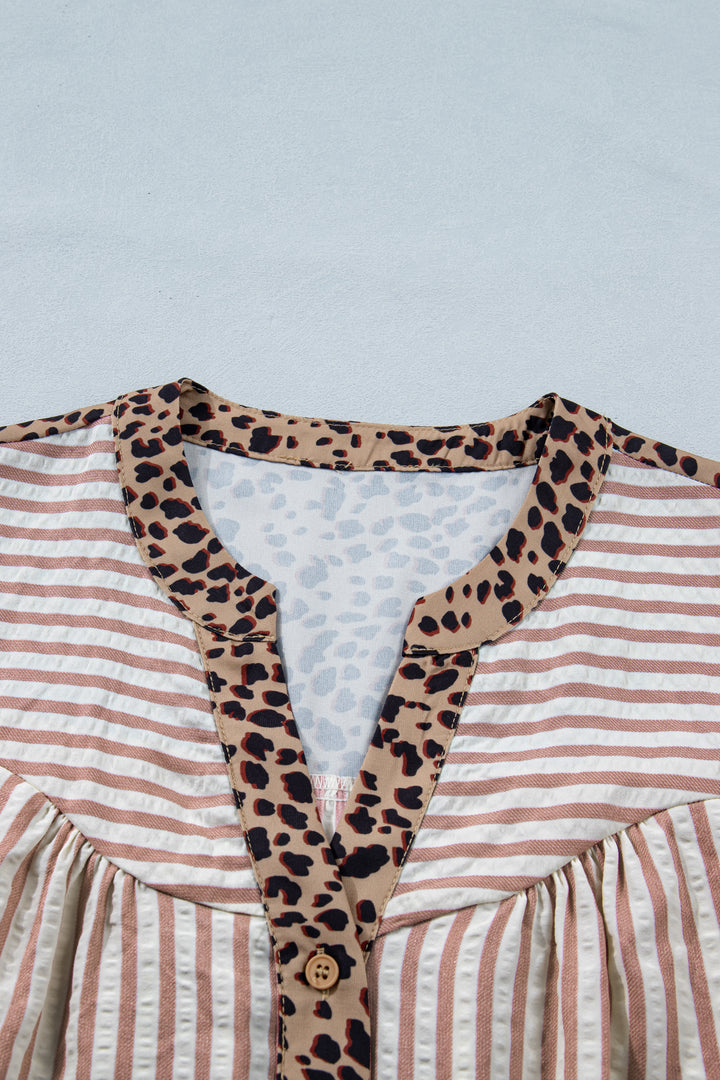 Pink Stripe Leopard Trim V Neck Button Down Half Sleeve Shirt
