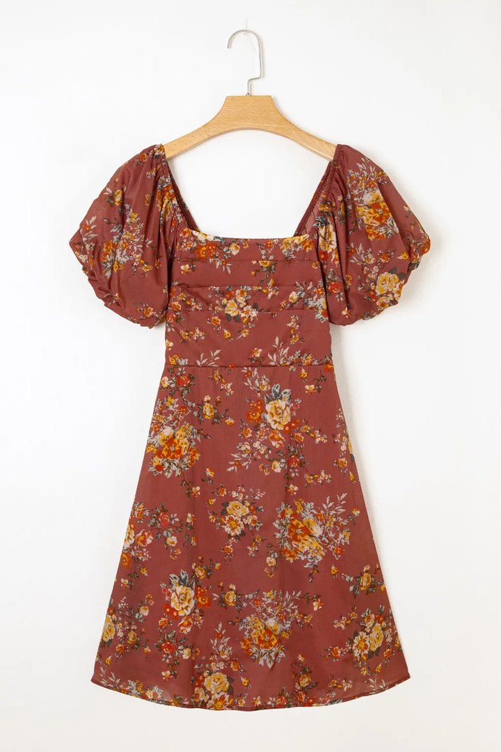 Floral Puff Sleeve Square Neck Knot Open Back Mini Dress