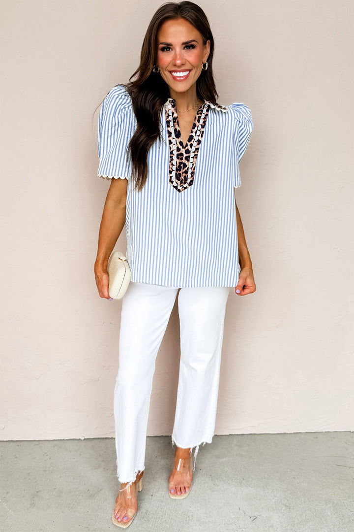 Sky Blue Stripe Ricrac Trim Short Puff Sleeve Leopard Patchwork Collar V Neck Blouse