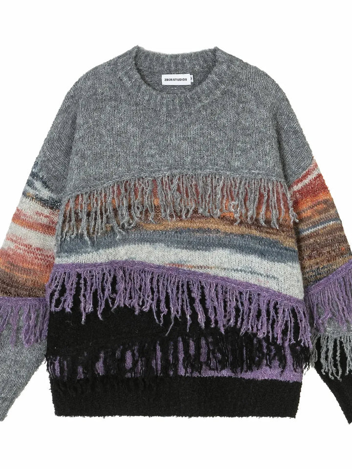 Men's Striped Fringe Round Neck Knit Sweater