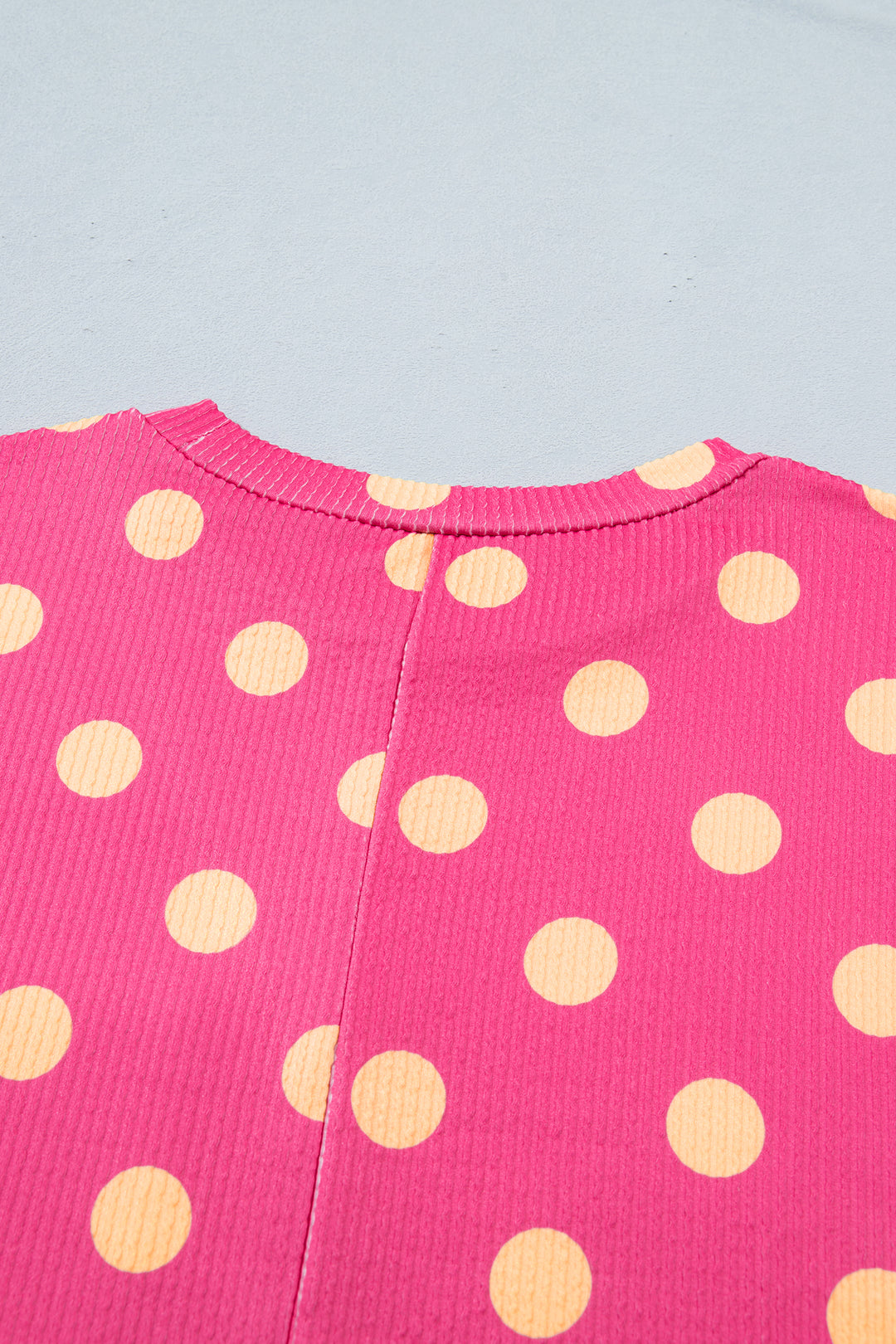 Pink Polka Dot Round Neck Drop Shoulder Patch Pocket Jacquard Texture Top