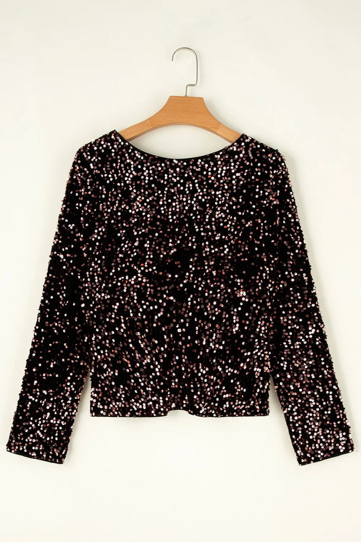 Sequin Round Neck Long Sleeve Blouse