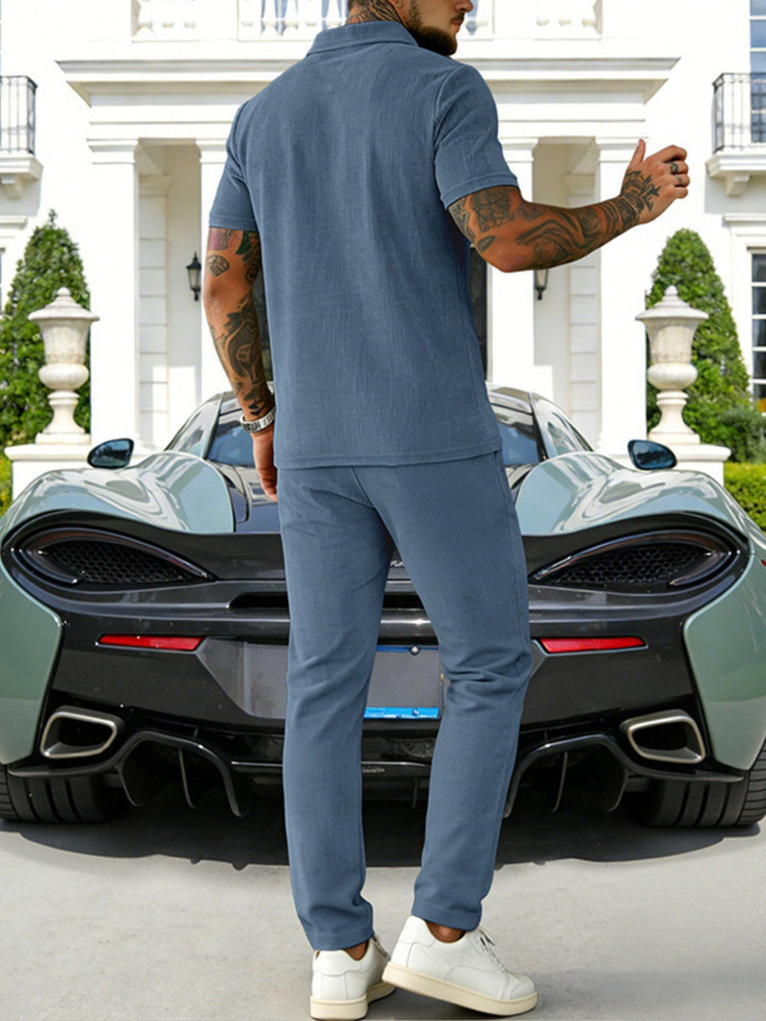 Men's Full Size Casual Zipper Polo Shirt and Drawstring Pants Set Plus Size