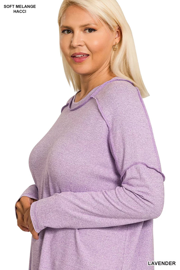 Zenana Full Size Melange Hacci Exposed Seam Hi-low Tee Plus Size