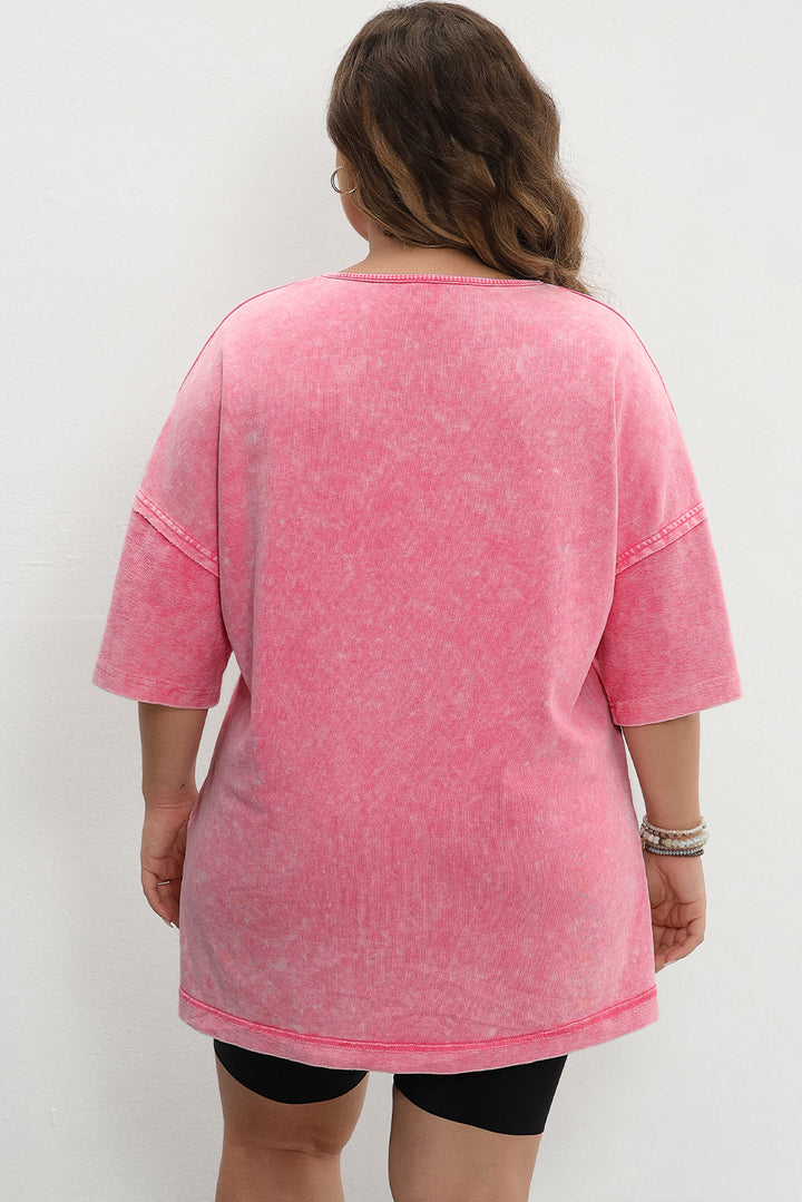 T-shirt patchwork à manches tombantes et délavage minéral rose fraise