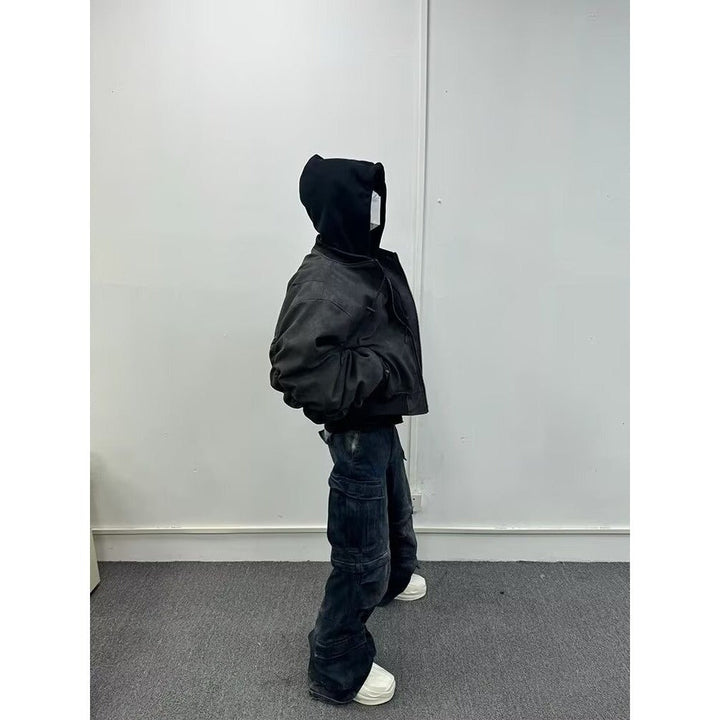 Mens Faux Two-piece Leather Jacket Cotton-padded Flight Jacket