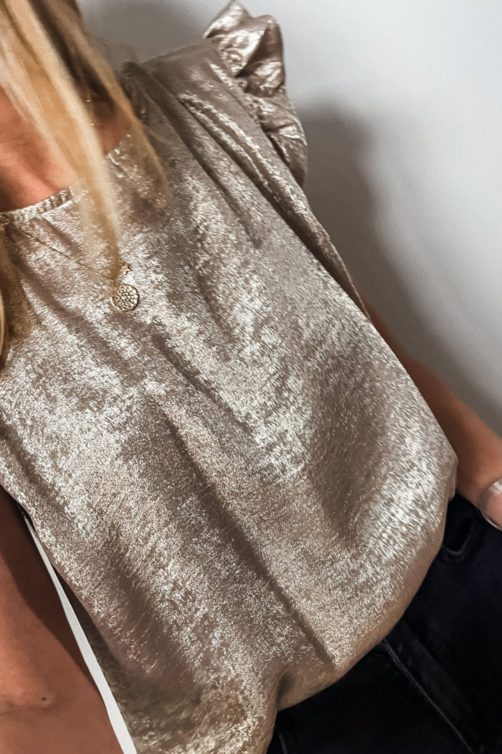 Gold Metallic Round Neck Ruffle Trim Sleeveless Top