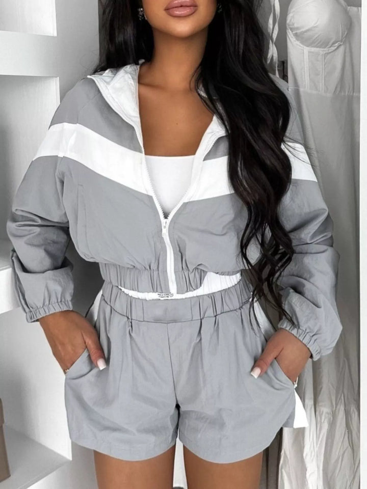 Zip Up Long Sleeve Outerwear and Shorts Set