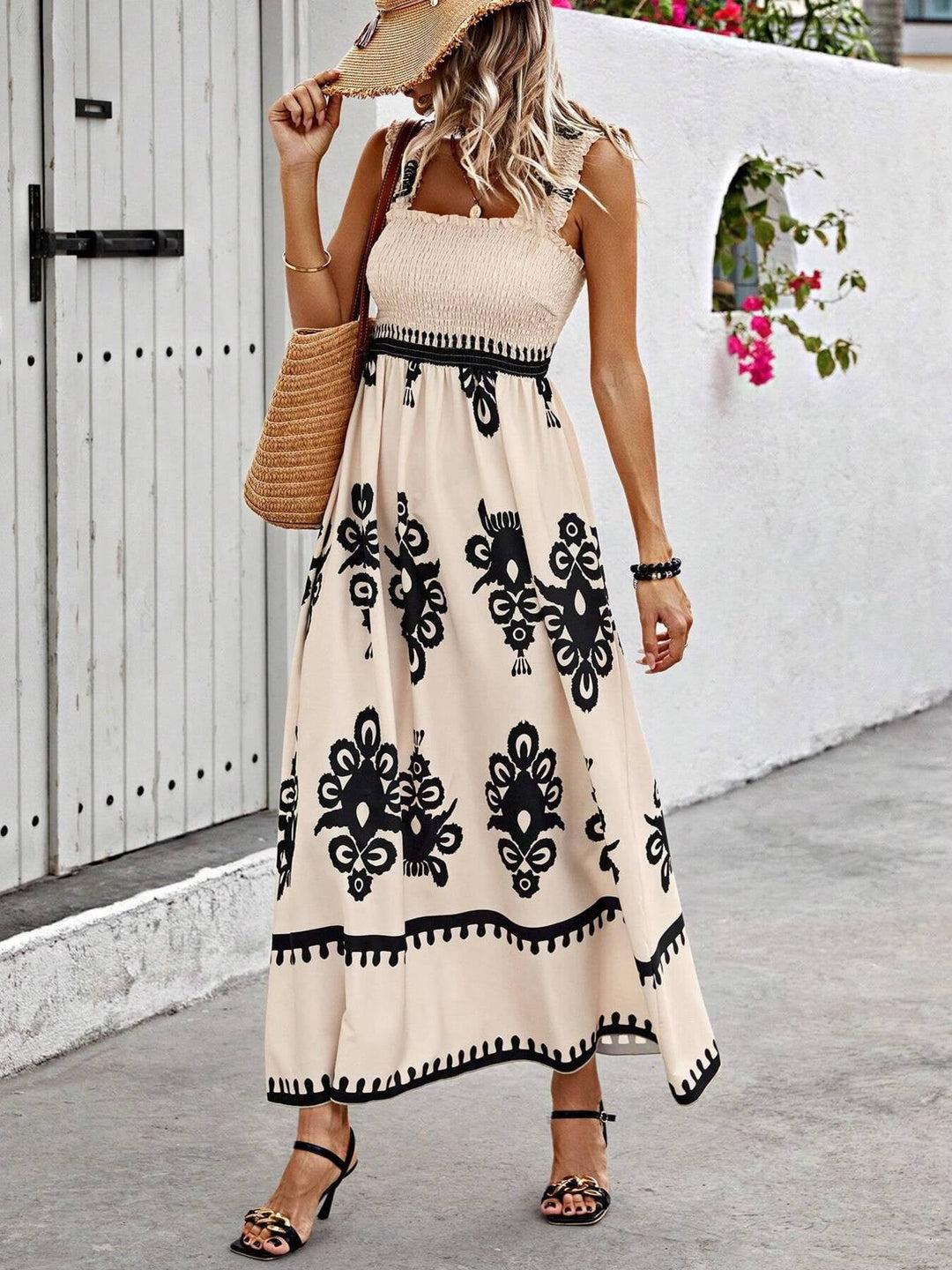 Smocked Bodice Colorful Print Tank Dress
