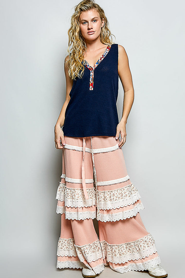 POL Ribbed V-Neck Tank with Contrast Floral Neckband
