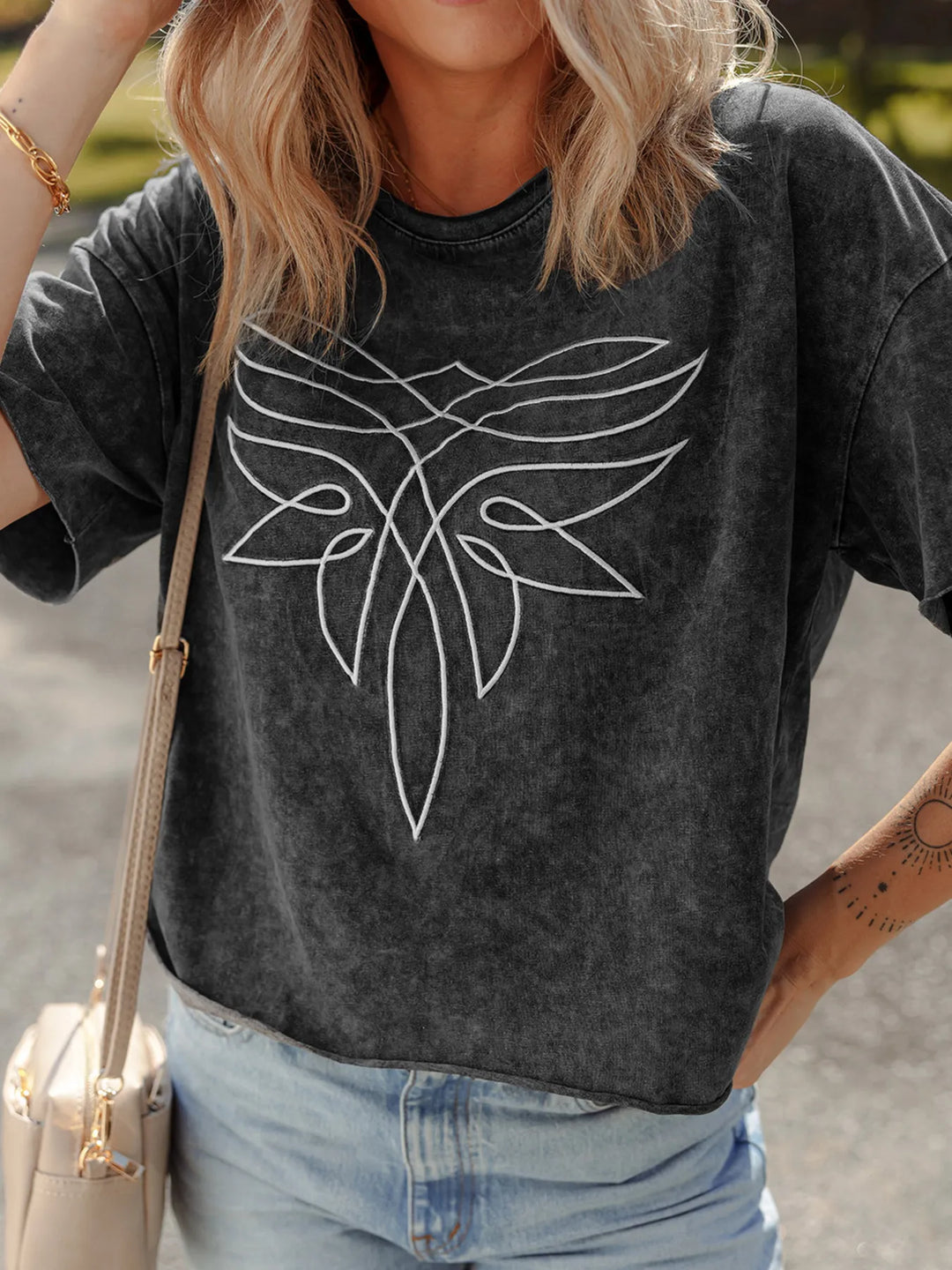 Floral Embroidered Mineral Wash Crew Neck T Shirt