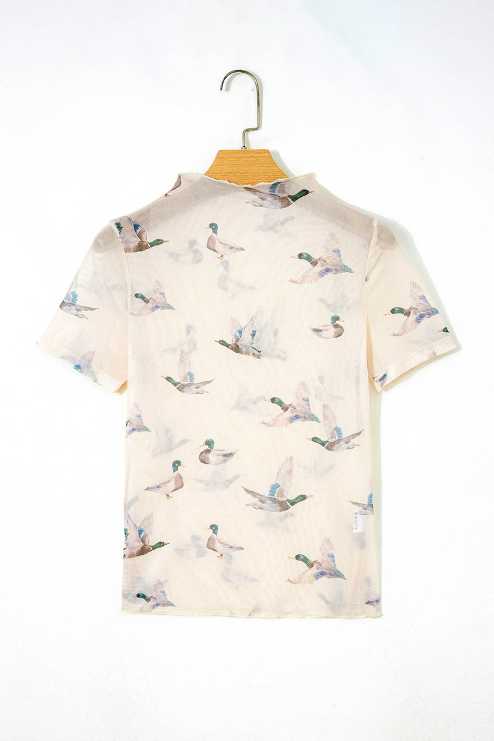 Beige Mallard Sheer Mesh Short Sleeve Top