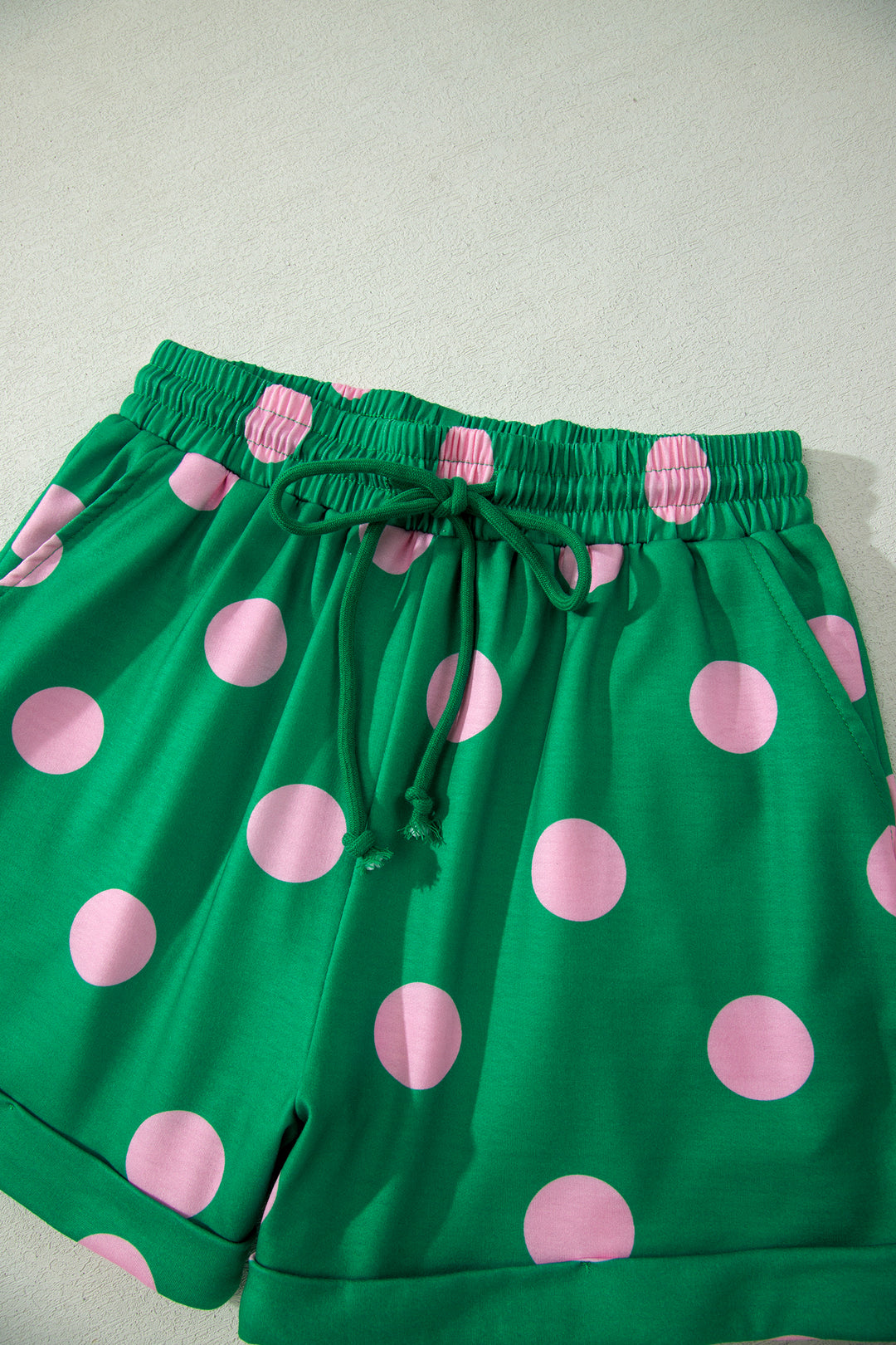 Green Polka Dot Print V Neck Tee Short Set