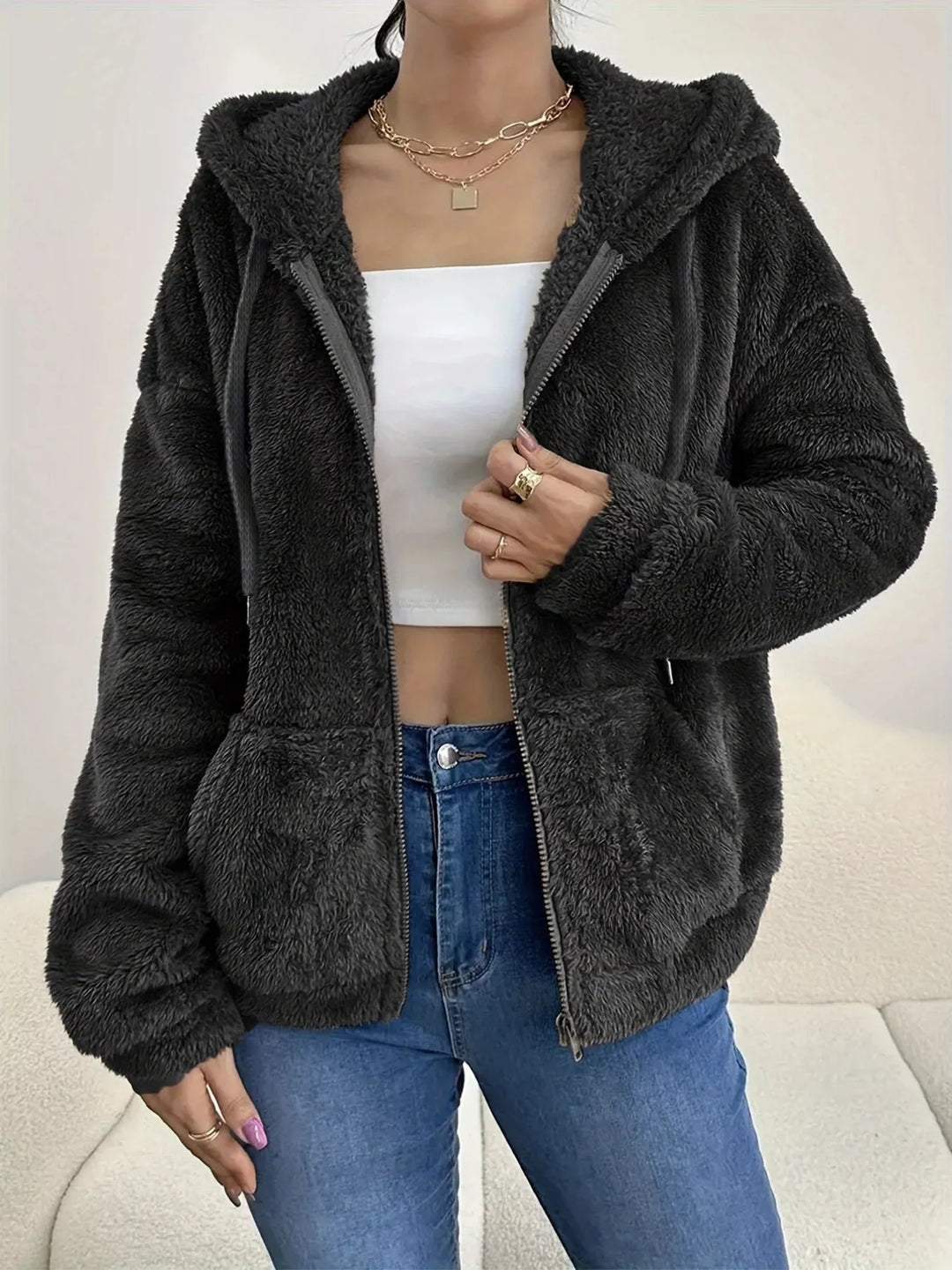 Drawstring Fleece Zip-Up Outerwear