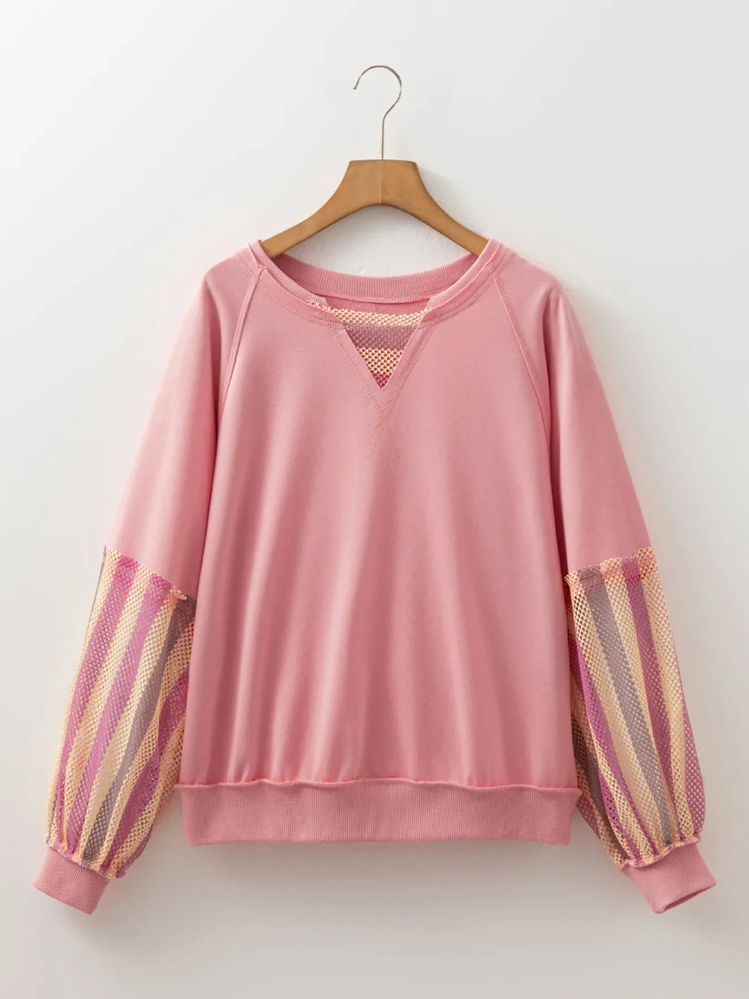 Striped Mesh Sleeve Patchwork Exposed Seam Top