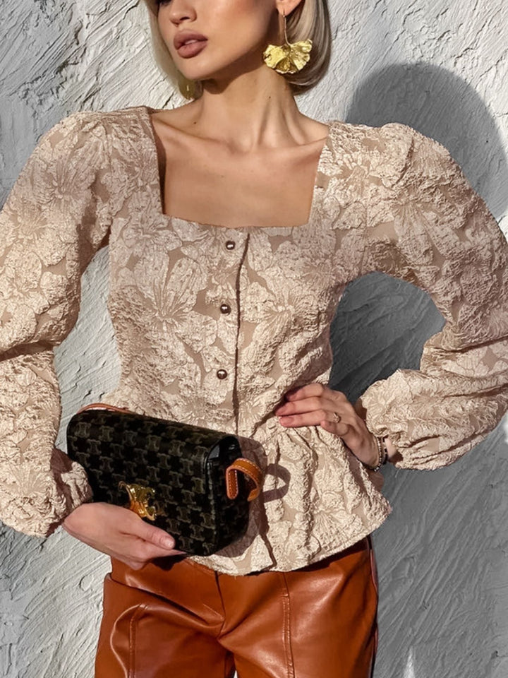 Textured Square Neck Balloon Sleeve Shirt