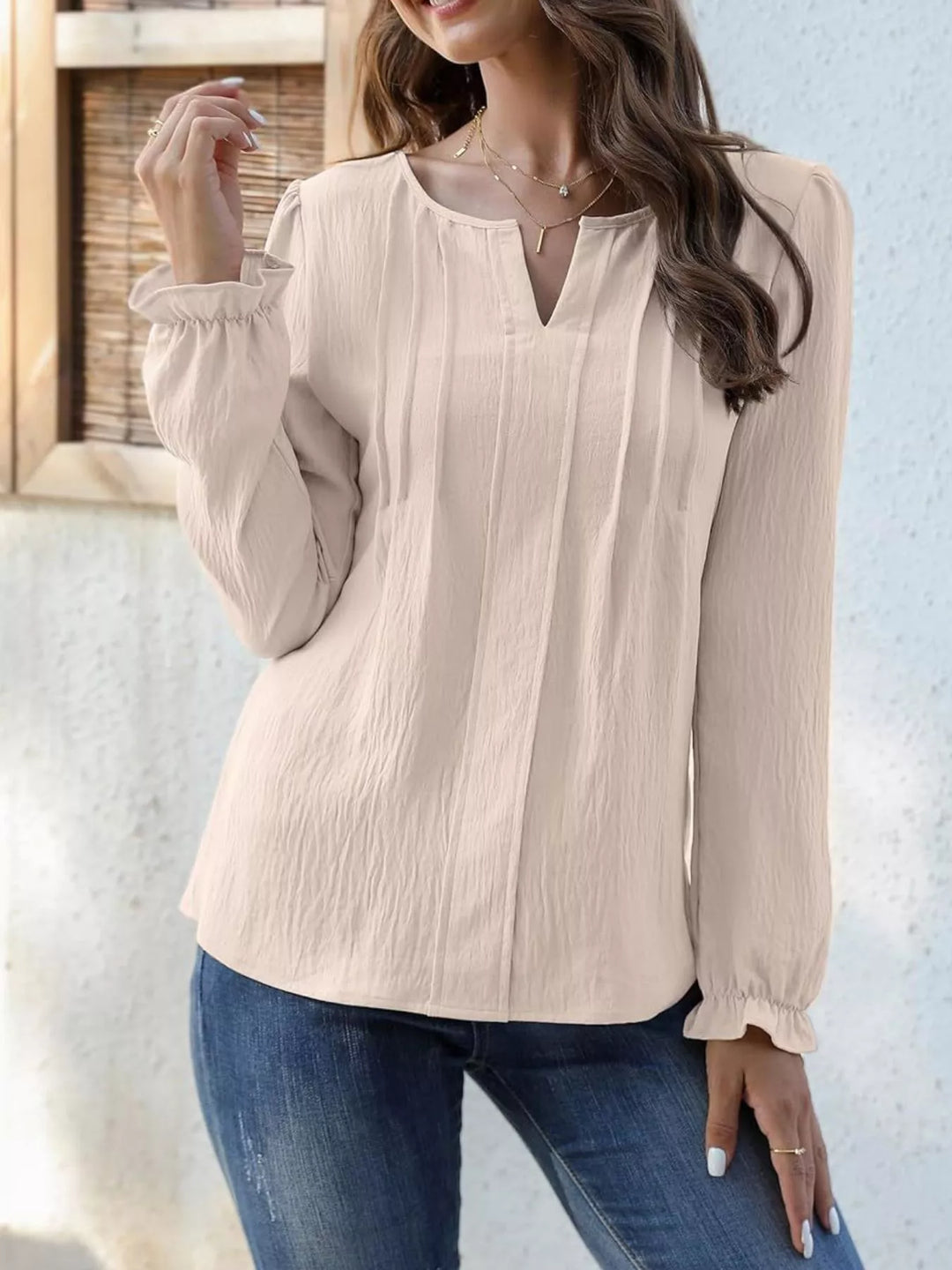 Notched Ruffle Cuff Blouse