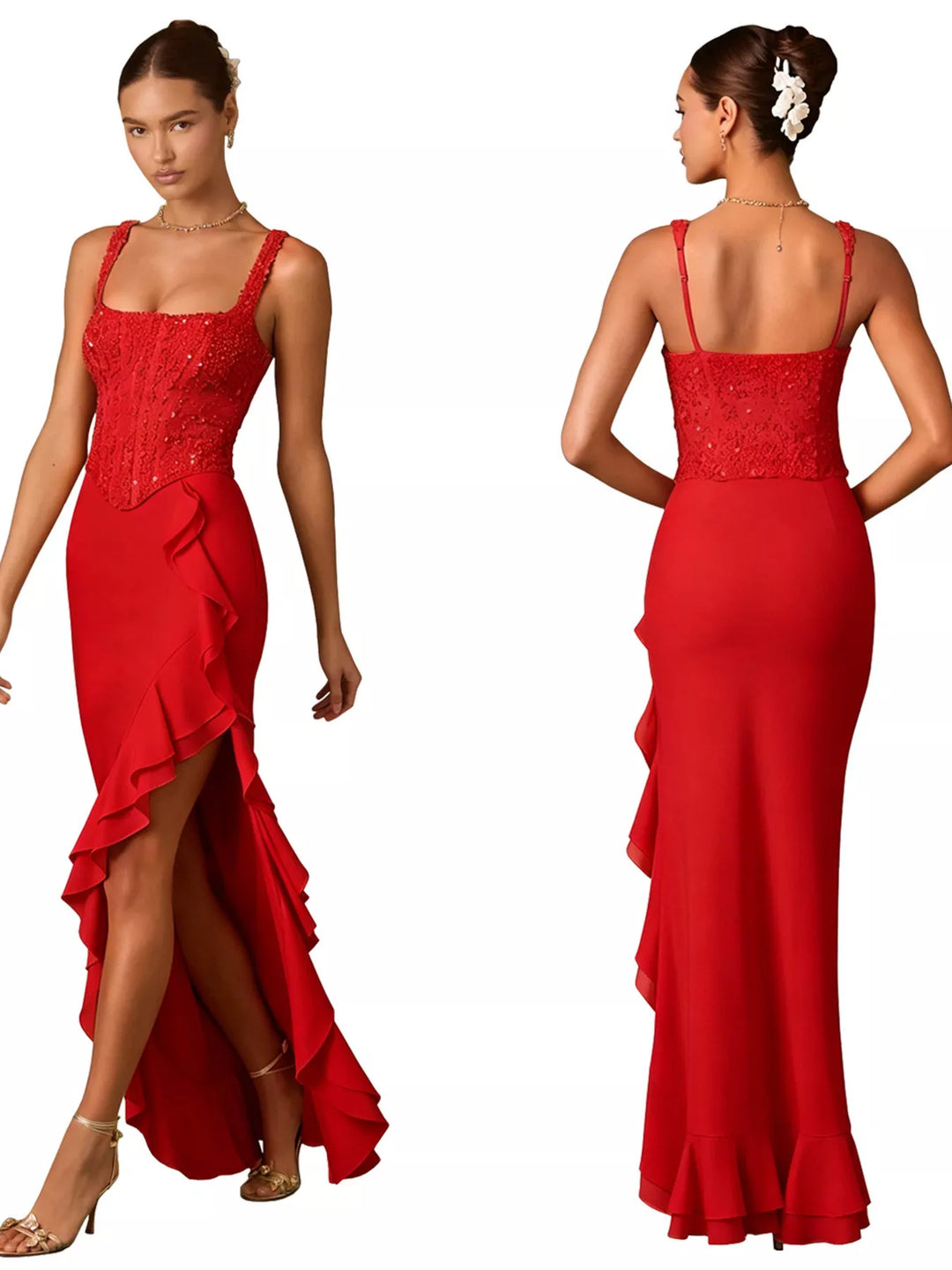 Sequin Ruffle Hem Maxi Dress