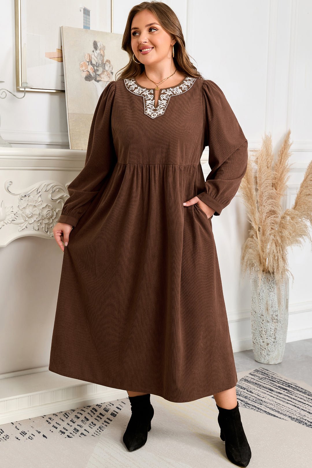 Coffee Embroidered Notched Neckline Textured Pleated High Waist Plus Size Midi Dress