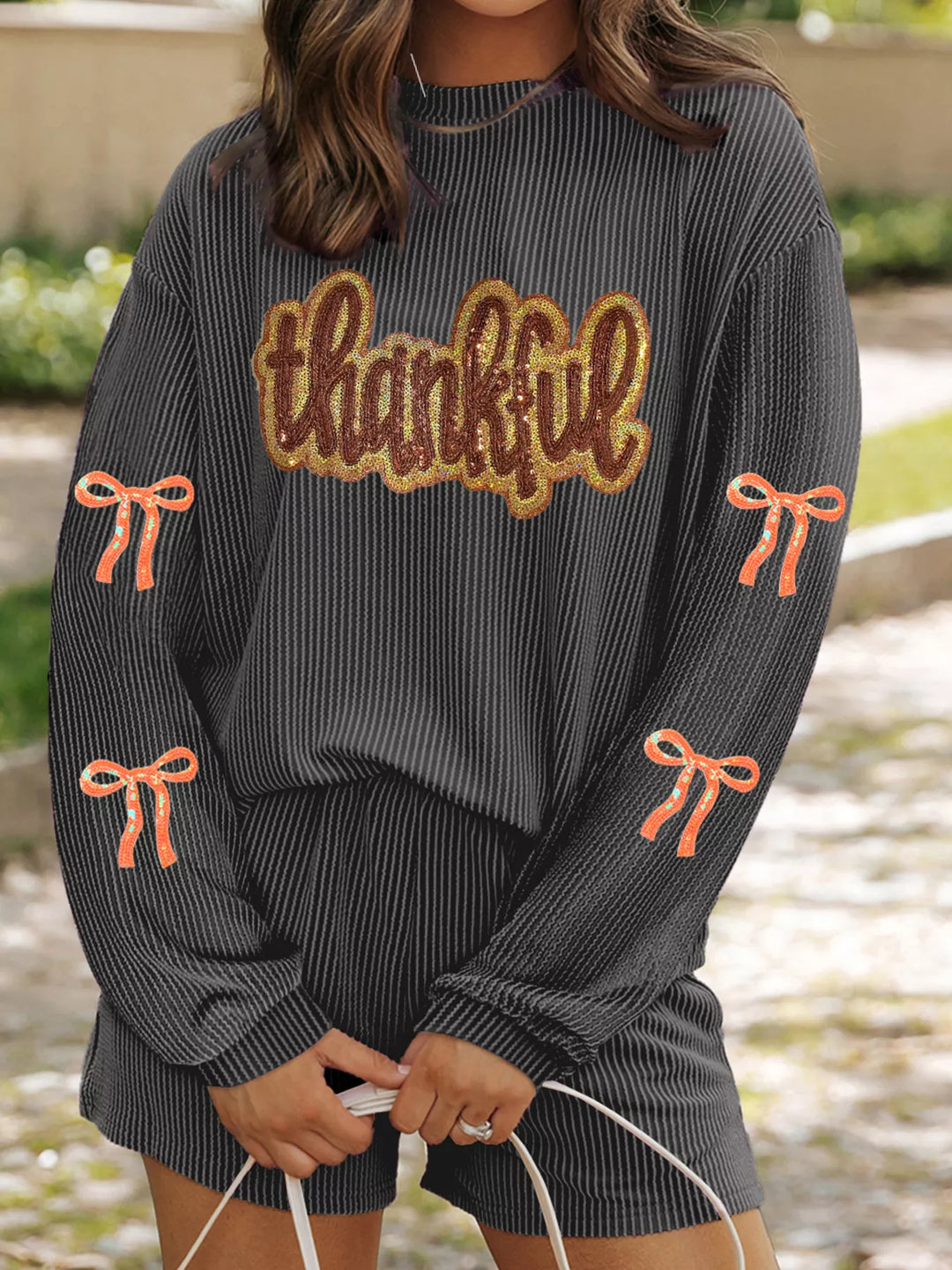 Thankful Letter Patched Sequin Bow Sleeve Twisted Ribbed Top and Short Set