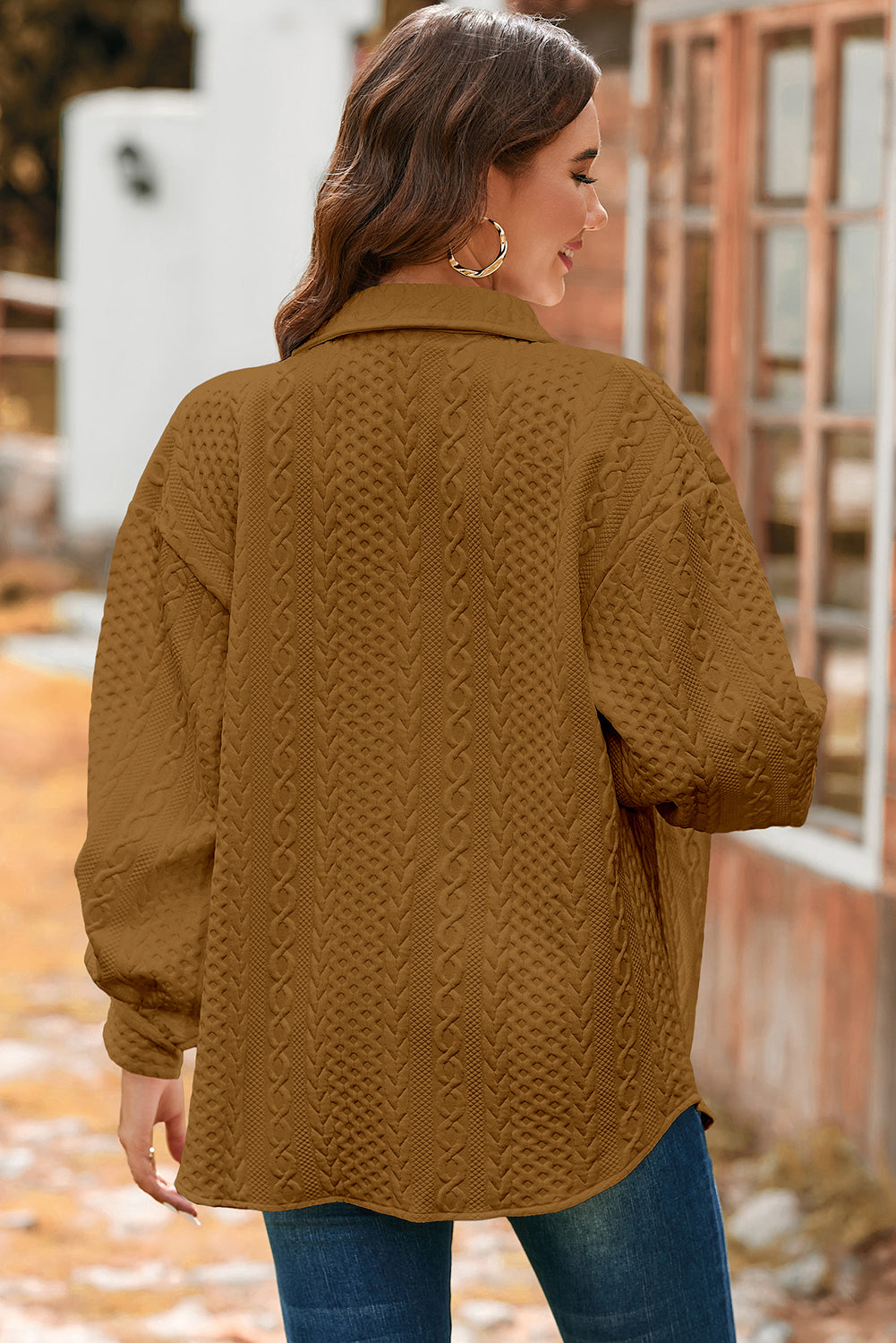 Camel Cable Texture Puff Sleeve Loose Shacket