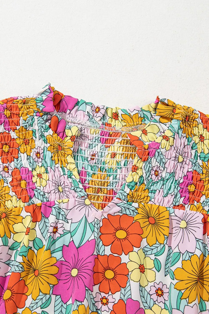 Floral Print Shirred Tiered Ruffled Sleeve Blouse