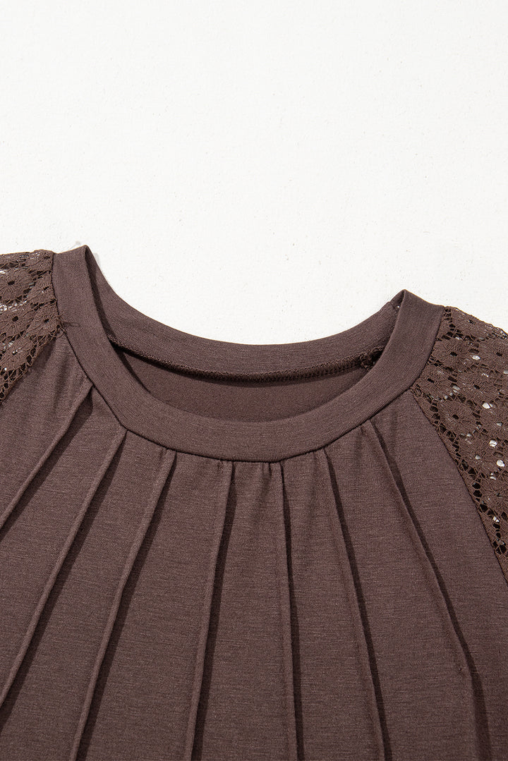 Dark Brown Contrast Lace Raglan Sleeve Pleated Detail Shift Dress