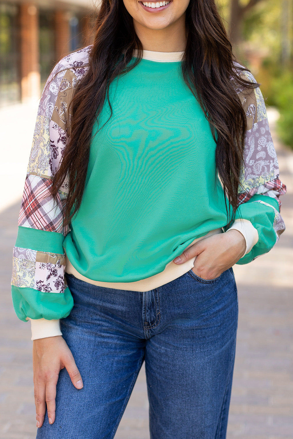 Haut raglan à manches longues et motif cachemire vintage à carreaux bleus Aruba