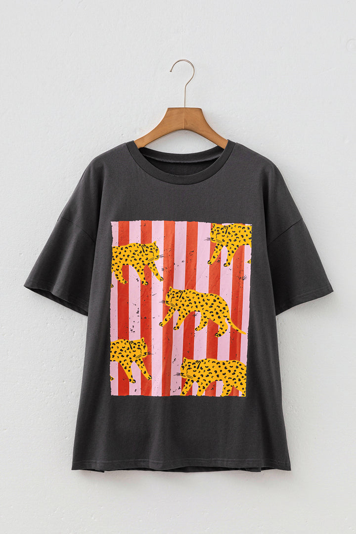 Dark Grey Cheetah Striped Print Retro Fashion Graphic Tee