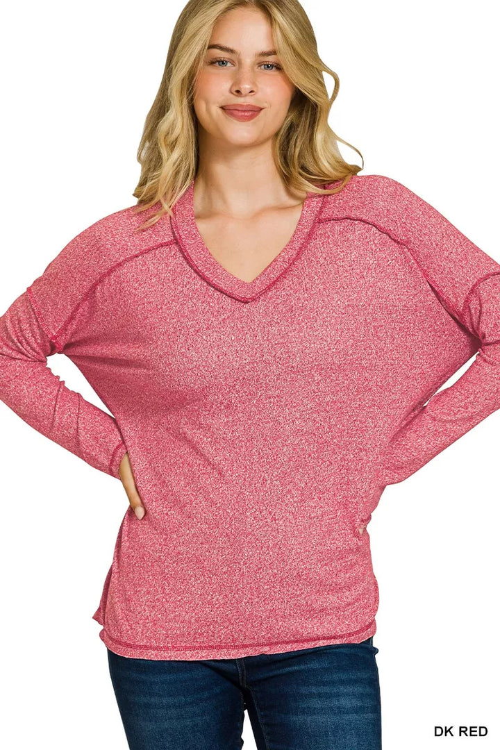 Zenana Soft Melange Hacci Exposed Seam Hi-low Tee
