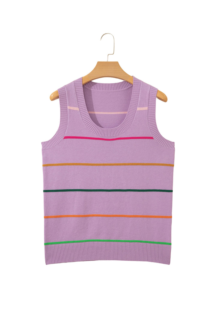 Purple Stripe Round Neck Knitted Sweater Tank