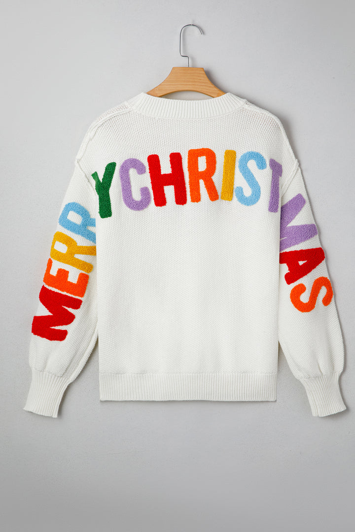 White HOHOHO MERRY CHRISTMAS Chenille Graphic Drop Shoulder Holiday Sweater