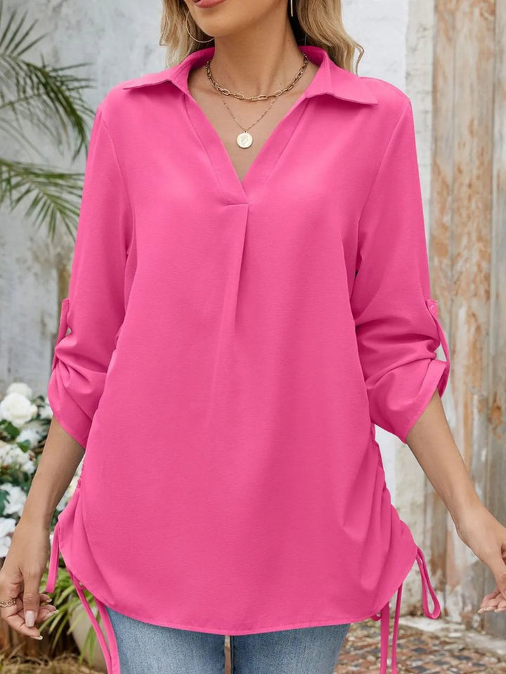 Drawstring Johnny Collared Three-Quarter Sleeve Top