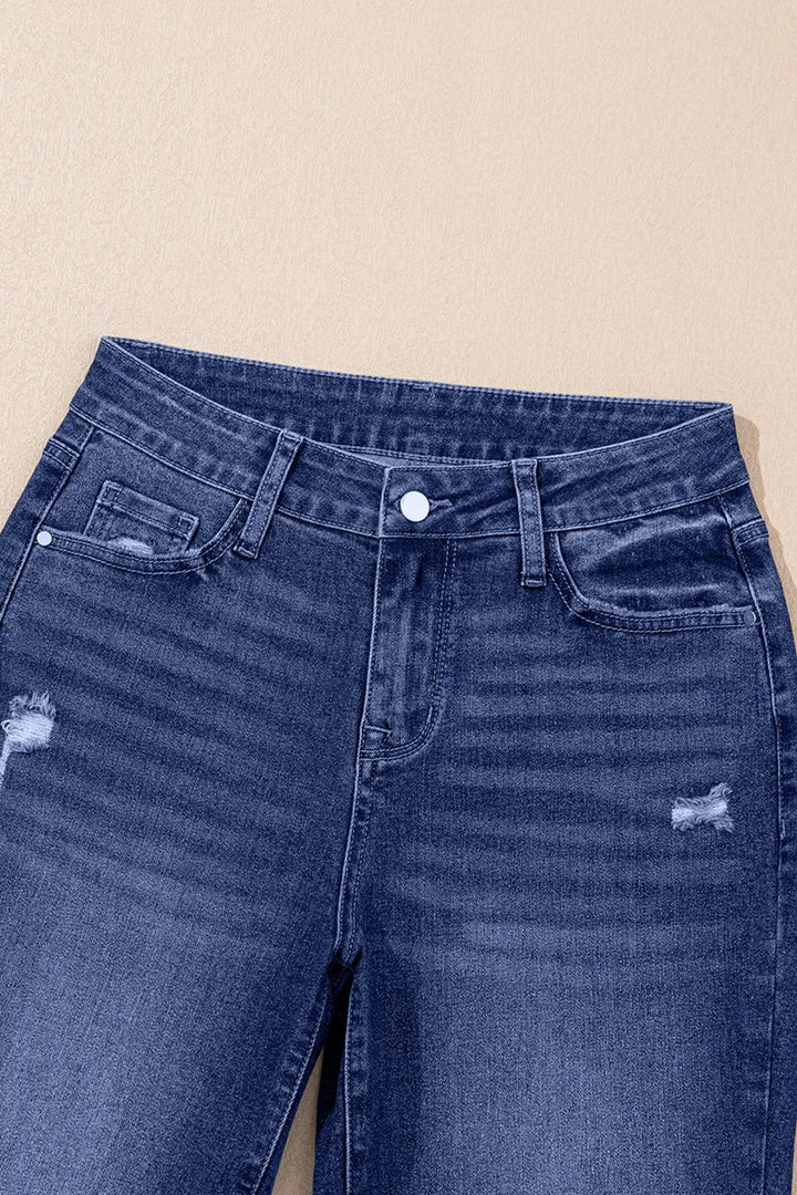 Folded Cuffs Distressed Straight High Waist Jeans