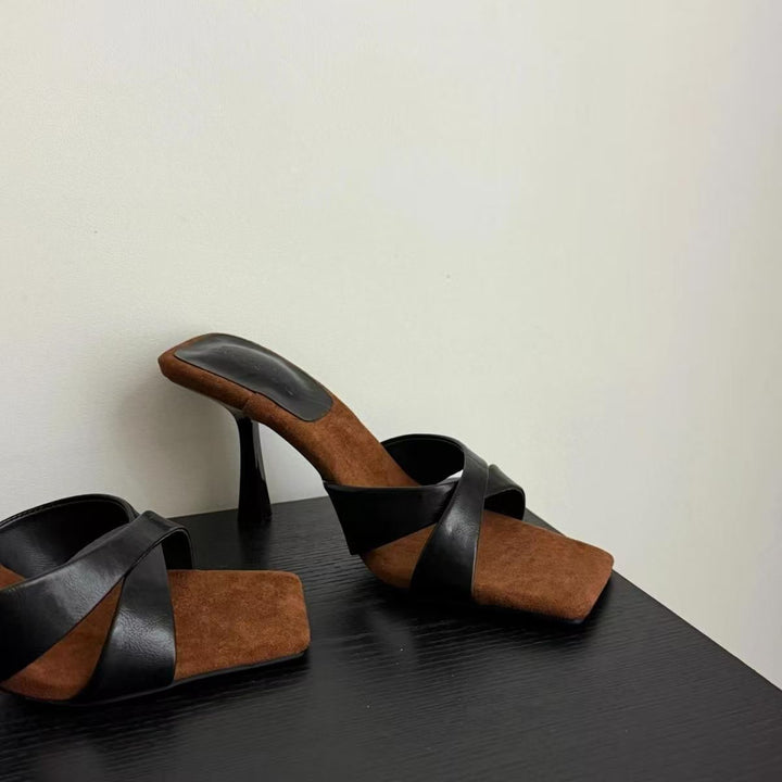 Elegant Socialite Style Cross Strap Open Toe Square Toe Slides For Women, French Stunning 7cm Stiletto High Heels For Summer Outdoor Wear