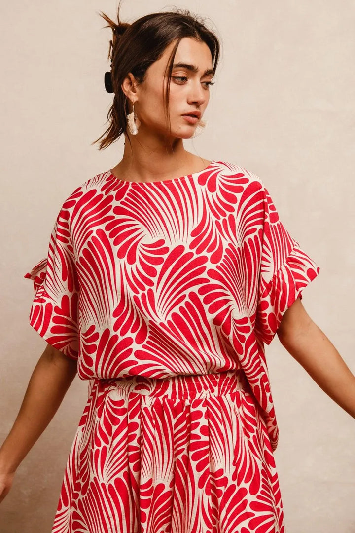 BiBi Print Woven Ruffled Sleeves Top