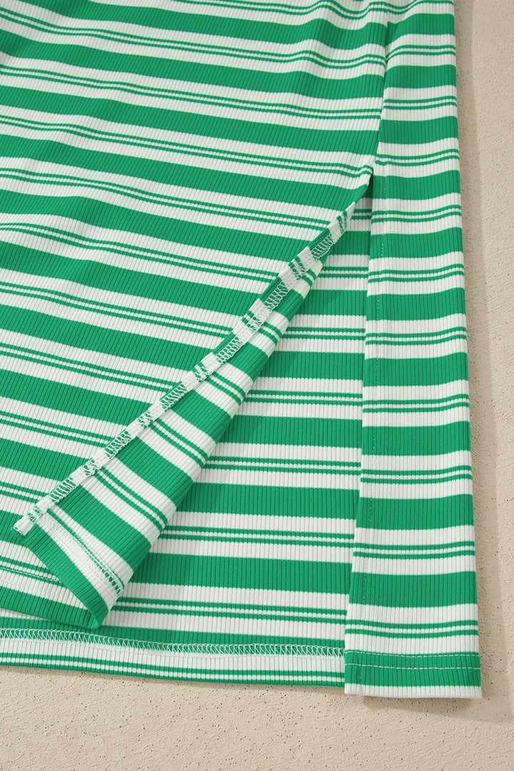 Green Stripe Collared V Neck Short Sleeve T Shirt Midi Dress with Pockets