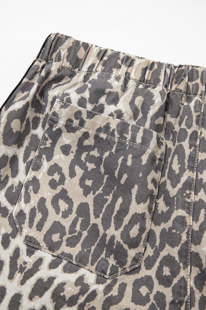 Multicolour Leopard Pattern Striped Detail Drawstring Denim Shorts
