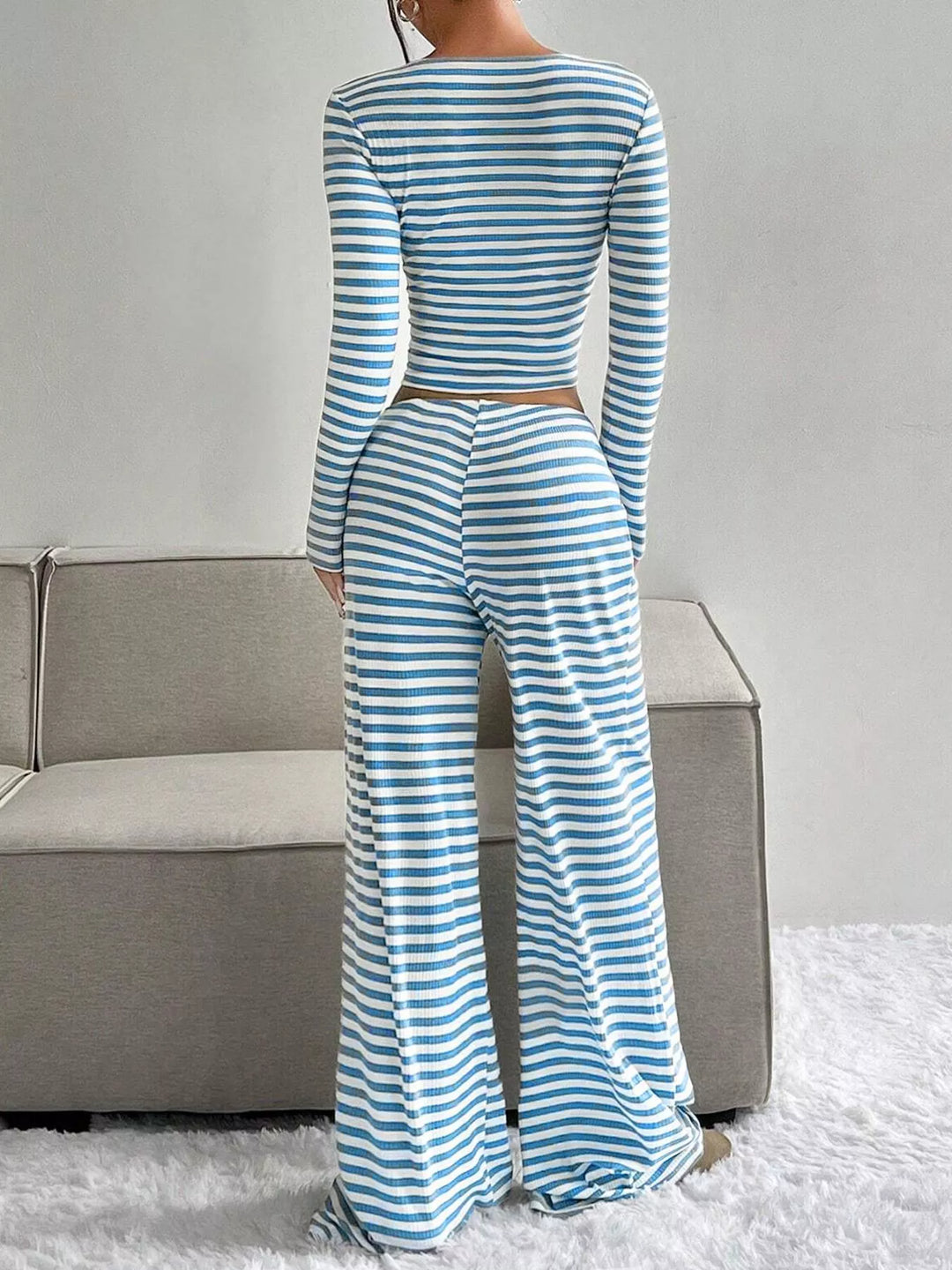 Striped Long Sleeve Crop Top & Wide Leg Pants Set