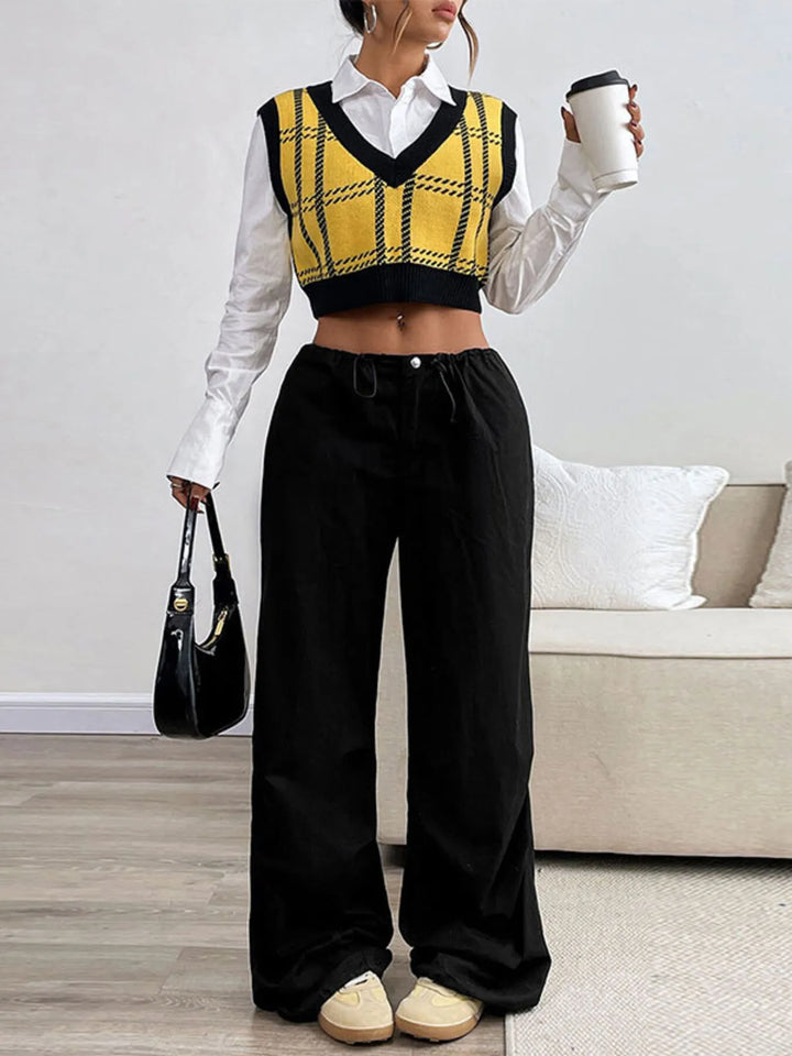 Plaid V-Neck Cropped Sweater Vest