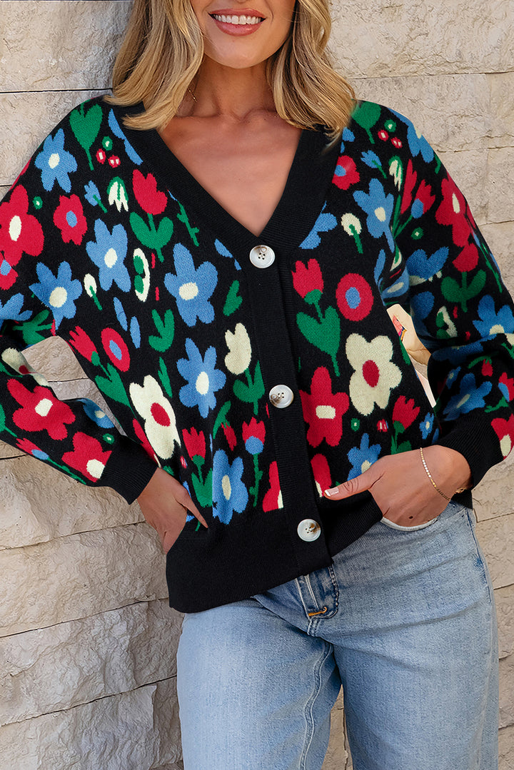 Black Floral Print V Neck Buttoned Short Cardigan Sweater