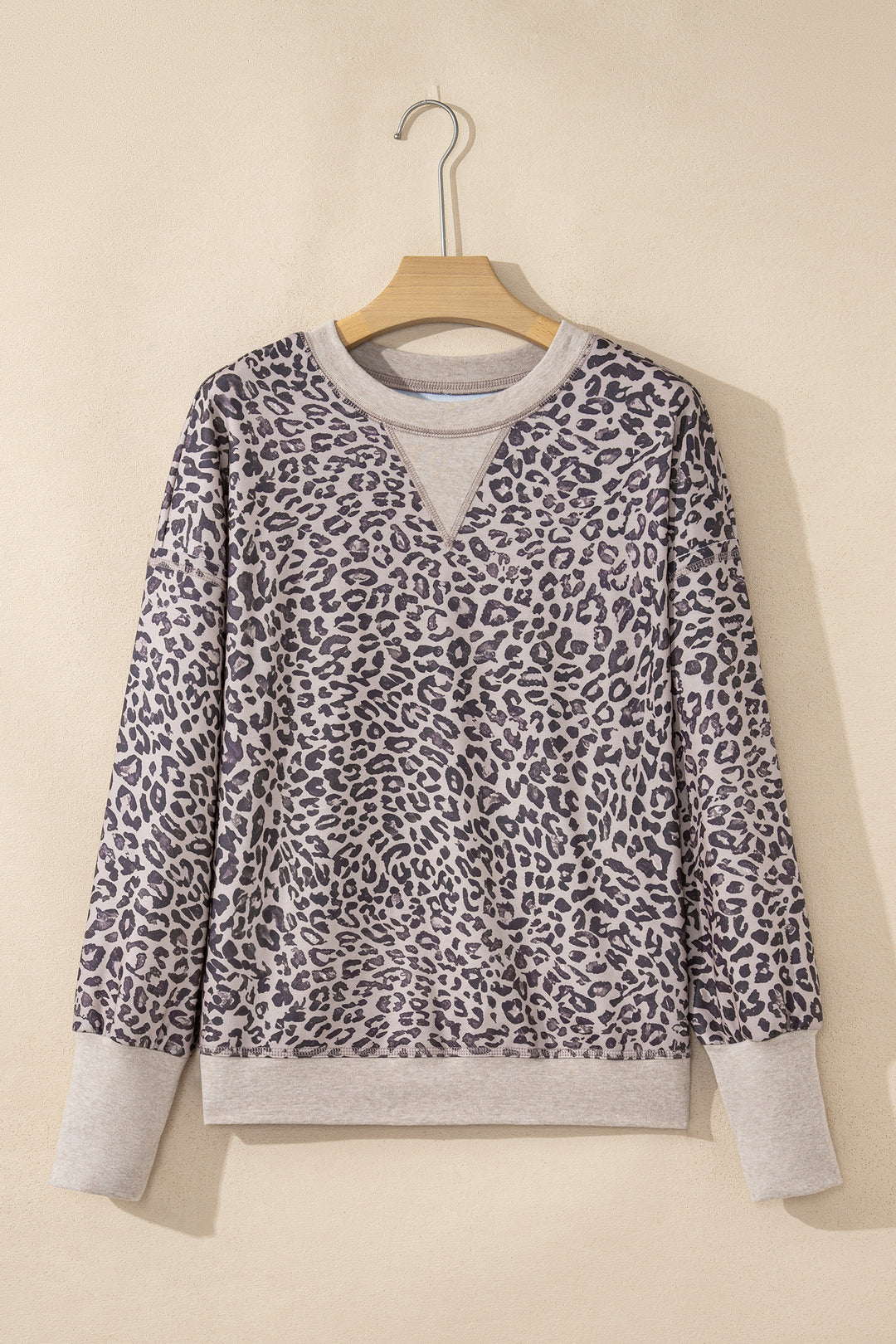 Khaki Leopard Print Patchwork Crew Neck Sweatshirt