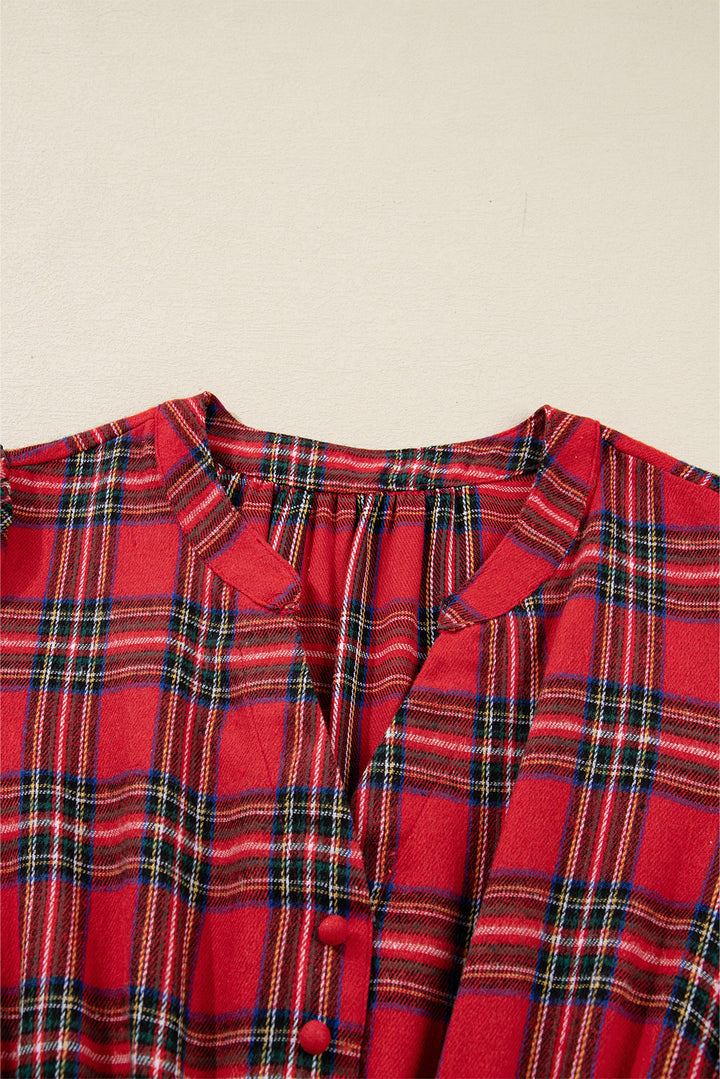 Red Christmas Plaid V Neck 3/4 Sleeve Tie Waist Ruffle Hem Long Dress