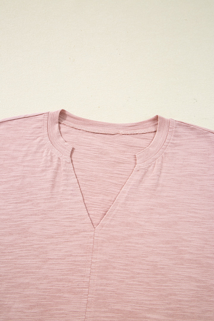 Light Pink Keyhole Notch V Neck Batwing Sleeve Blouse