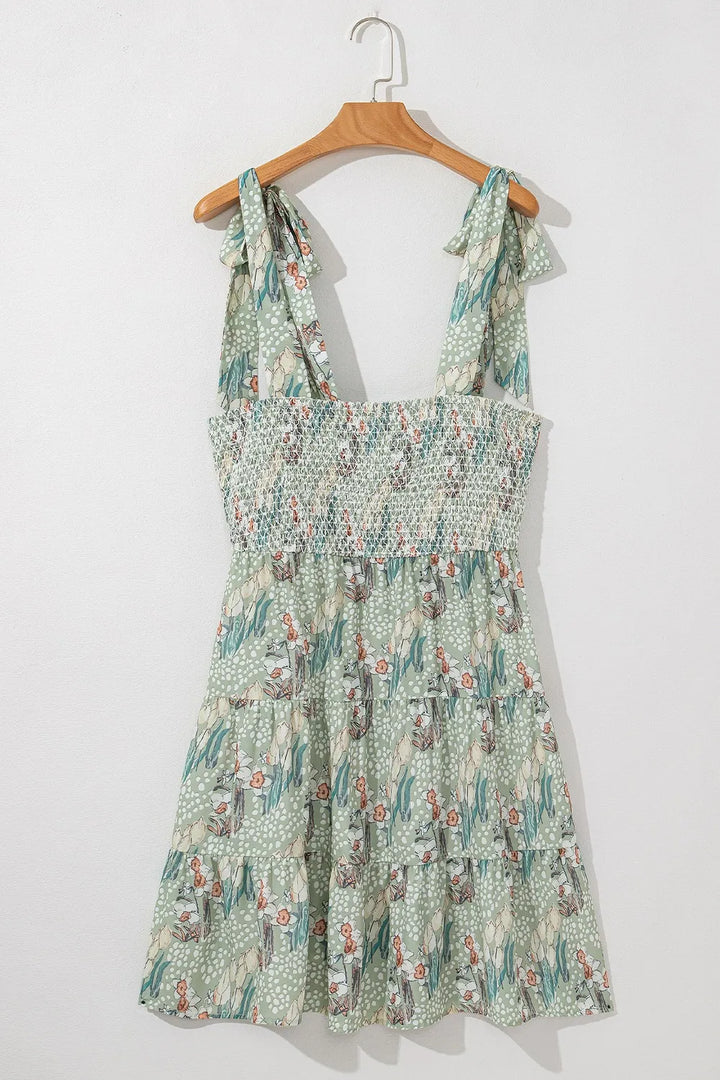 Smocked Printed Tie Shoulder Mini Cami Dress