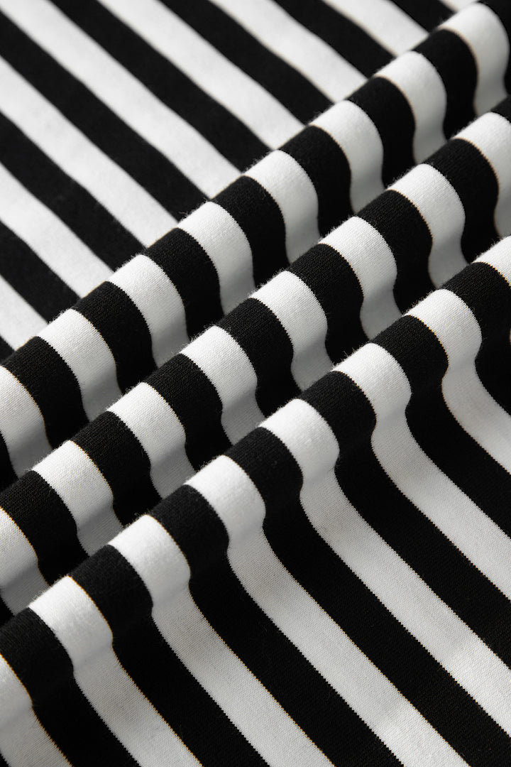 Black Striped Print V Neck Delicate Trim Casual Tee