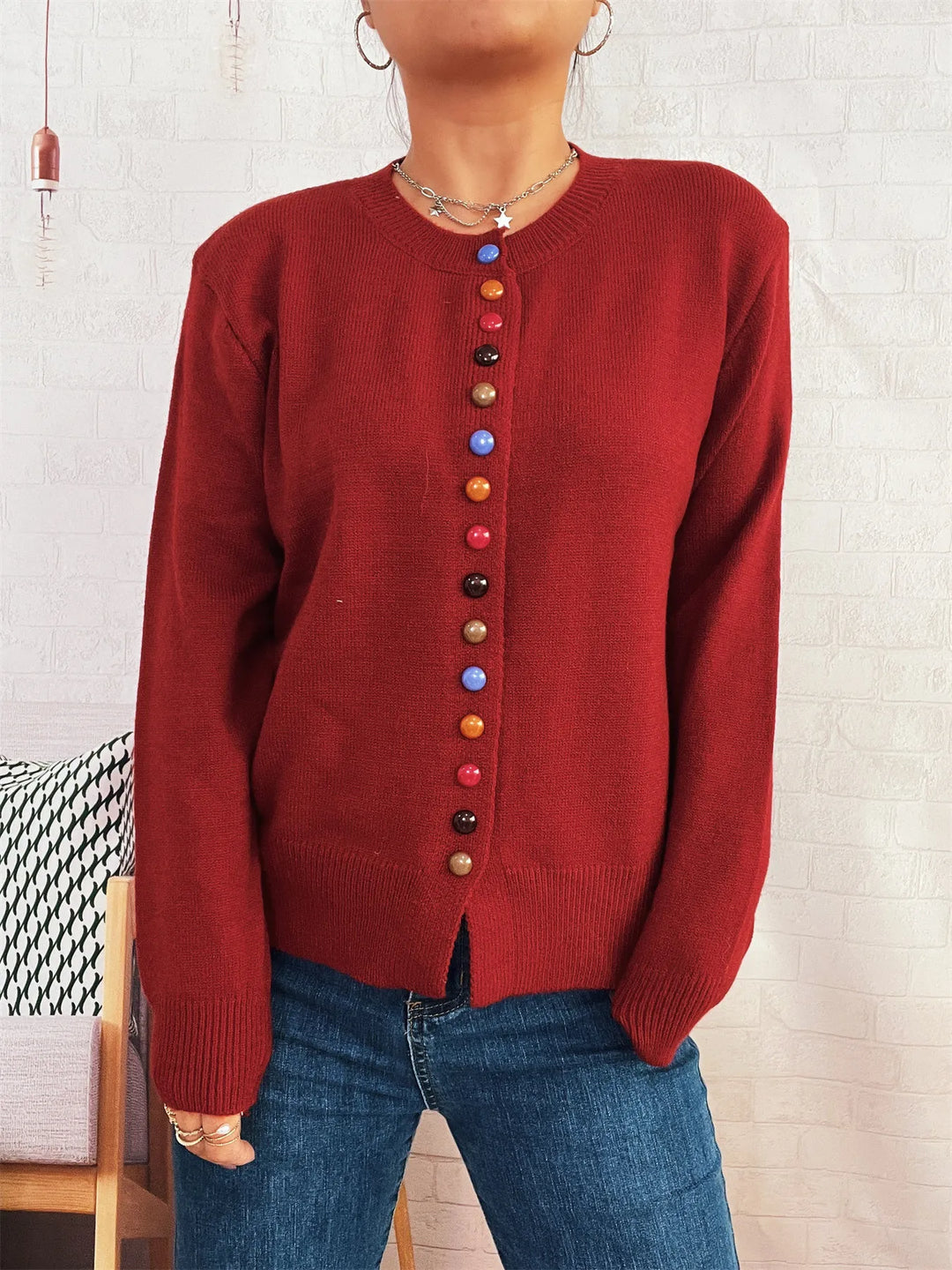 Button-Front Cardigan with Colorful Detail Buttons
