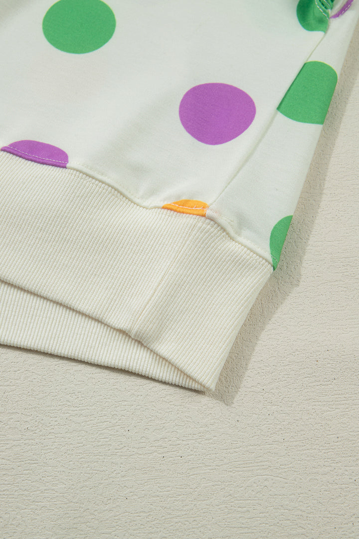 Multicolour Polka Dot Print Drop Shoulder Pullover Drawstring Shorts Set