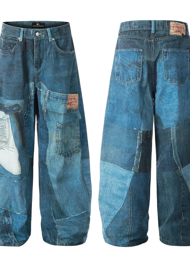 Men's Washed Patchwork Wide Leg Curved Jeans