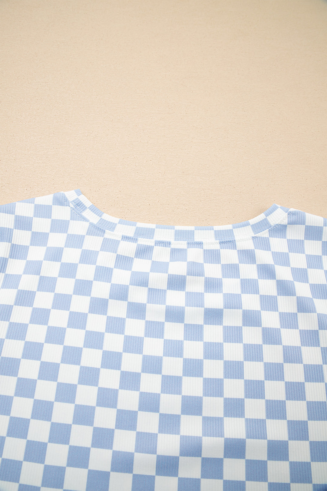 Sky Blue Checkered Ribbed Slim Fit Crew Neck T Shirt